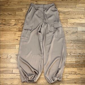 Women’s Satin Khaki Cargo Pants with Drawstring Ankle